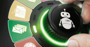 Automation control panel with robot icon and marketing communication tools, showing franchise marketing automation integration.