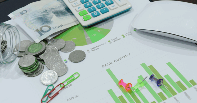 Coins and Chinese yuan on a sales report with charts and a calculator, symbolizing emerging markets for franchises.