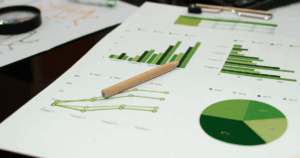 Bar and pie charts tracking franchise KPIs for different products across multiple years.