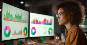 Business owner analyzing franchise pricing strategies using behavioral economics and revenue data.