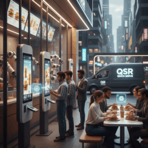 Patrons order from kiosks at a futuristic fast-food restaurant with a delivery van outside.