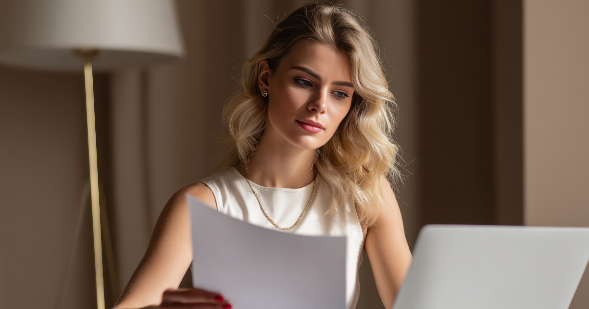 Business owner reviewing documents and laptop while evaluating franchise development readiness and expansion potential