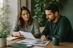Franchise consultant reviewing business concept documents with a founder