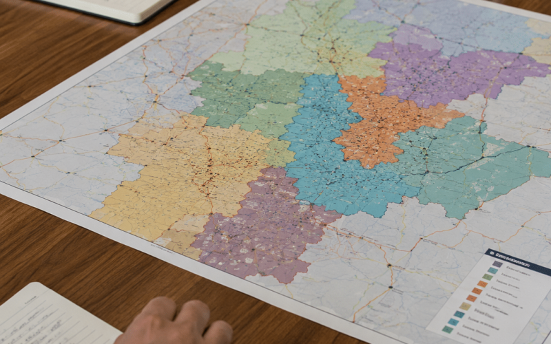 franchise territory design session with color-coded territory map and notes on conference table